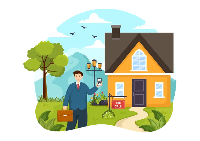 Land Broker Vector Illustration With Bridging Investors Or Buyers And Sellers Agent For Buy Rent And Sell Property In Flat Cartoon Background 일러스트레이션