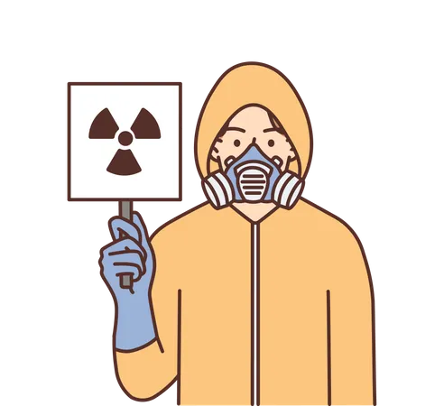 Man showing radioactive zone warning  イラスト