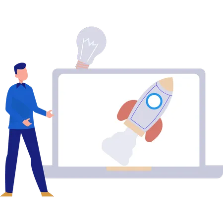 Man showing rocket on laptop  Illustration