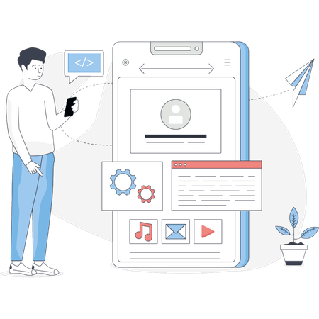 Man showing SEO development application  Illustration