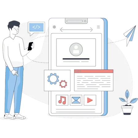 Man showing SEO development application  Illustration