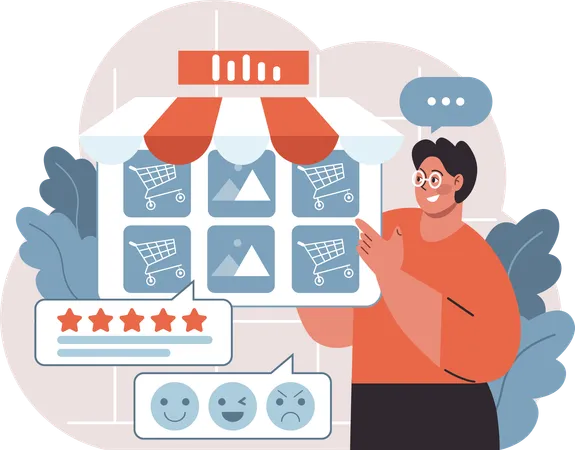 Man showing shopping review  Illustration
