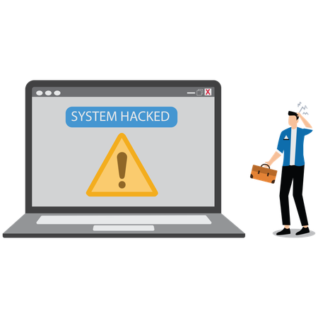 Man showing System hacked alert after cyber attack on computer network  Illustration