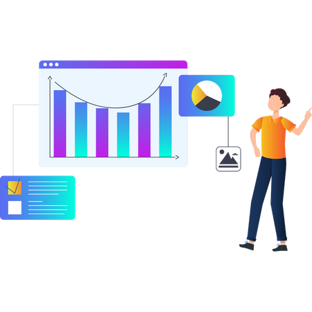 Man showing the slope of bar graph on web page  Illustration