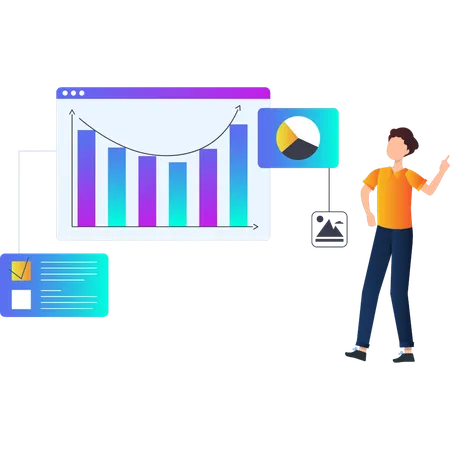 Man showing the slope of bar graph on web page  Illustration