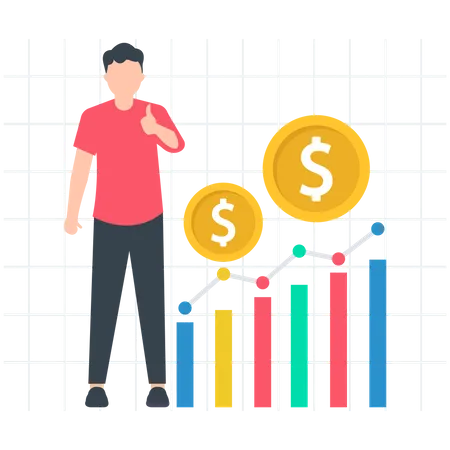 Man showing thumb up and doing Financial Statistics Illustration