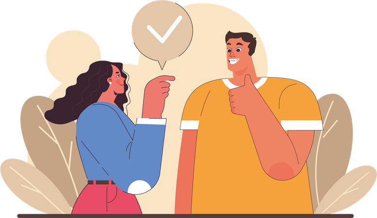 Man showing thumb up while girl check comment  Illustration