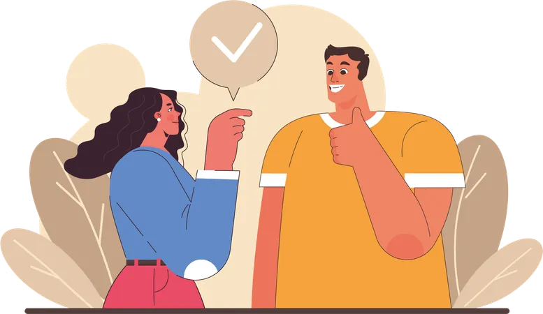 Man showing thumb up while girl check comment  Illustration