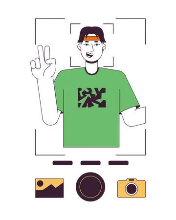 Man Showing V Sign And Taking Photo Flat Line Color Vector Character Editable Outline Full Body Person On White Selfie Simple Cartoon Spot Illustration For Web Graphic Design Illustration