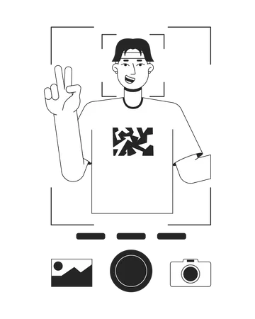 Man Showing V Sign And Taking Photo Bw Concept Vector Spot Illustration Selfie 2 D Cartoon Flat Line Monochromatic Character For Web UI Design Editable Isolated Outline Hero Image Illustration