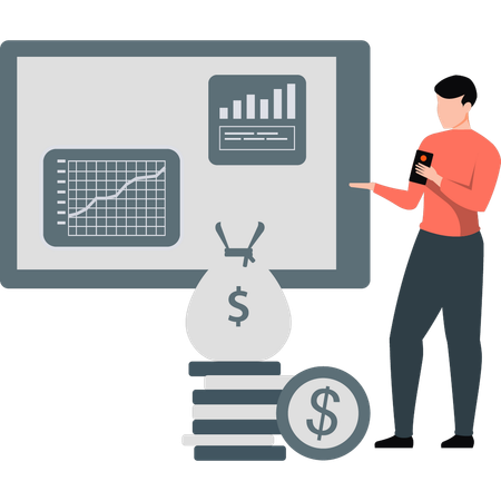 Man showing various graphs  Illustration