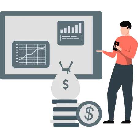 Man showing various graphs  Illustration