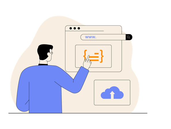 Man showing website code  while doing cloud upload  Illustration