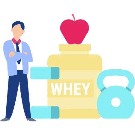 Man showing whey protein bottle  イラスト