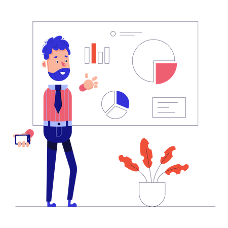 Man shows charts with project statistics  Illustration