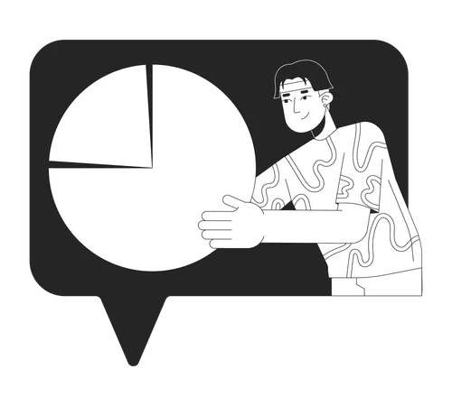 Man Shows Data Analytics Chart Black And White 2 D Line Cartoon Character Asian Marketer In Speech Bubble Isolated Vector Outline Person Digital Information Study Monochromatic Flat Spot Illustration Illustration