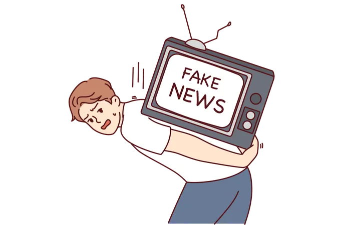 Man Suffering From Fake News On TV For Concept Of Fighting Disinformation And Propaganda In Media Guy With Big Televisor On Back Is Stressed Out By Fake News From Journalists And Yellow Press Illustration