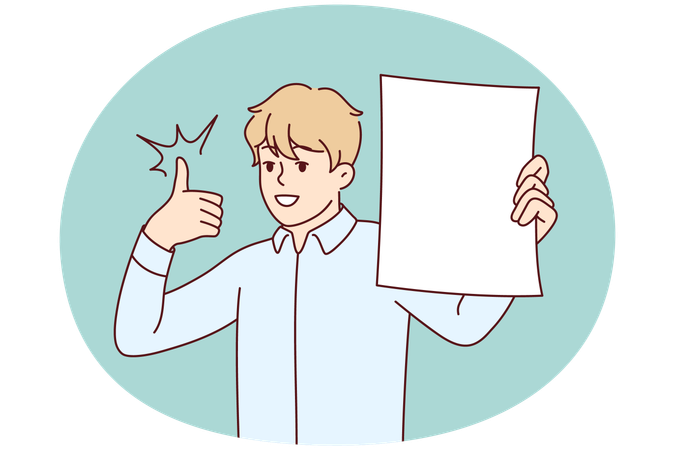 Man shows white sheet of paper and raises thumb up recommending cool investment offer  Illustration