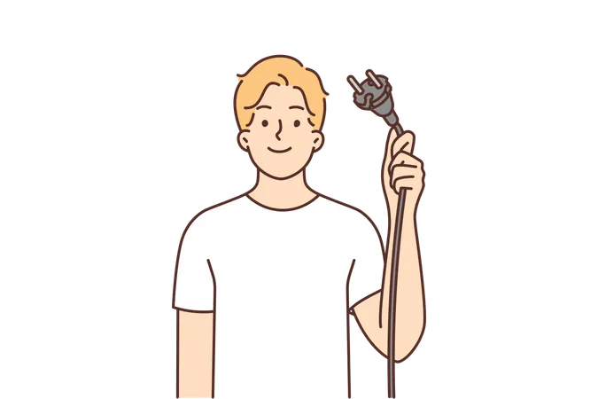 Man Demonstrates Wire With Plug From Electrical Equipment Offering To Turn Off Appliances For Save Energy Young Guy With Smile Offers To Abandon Use Of Electrical Devices And Take Care Of Nature Illustration