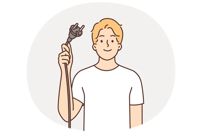 男性が電気機器のプラグ付きコードを見せながら、エネルギー節約のために電化製品の電源を切るよう提案している。  イラスト