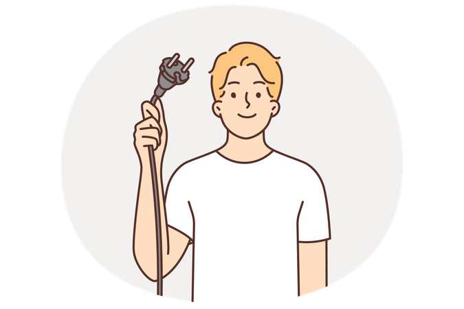 Man shows wire with plug from electrical equipment while offering to turn off appliances for save energy  Illustration