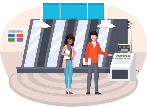 Man shows woman work of industrial printer in production  Illustration
