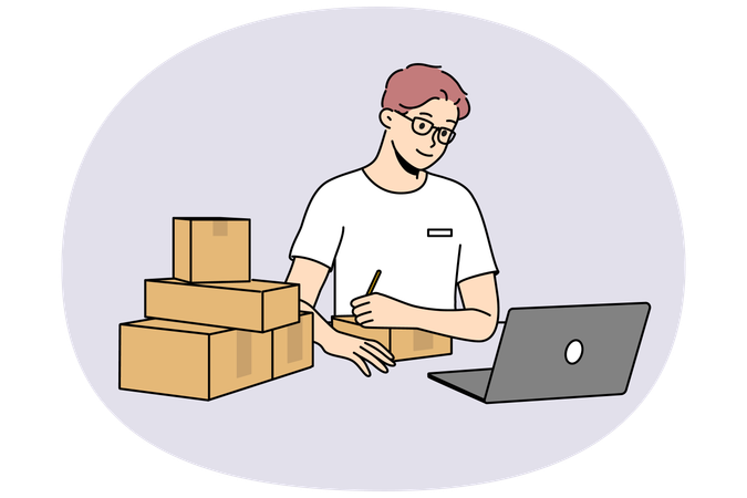 郵便局で小包に署名する男性  イラスト