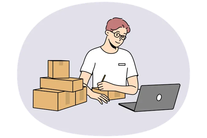 郵便局で小包に署名する男性  イラスト
