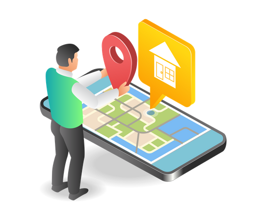 Man signaling a location map app  Illustration