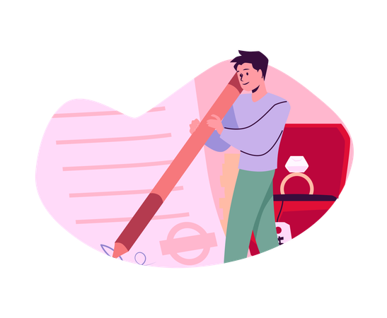 Man signing pawn paper on ring with gem in pawnshop  Illustration