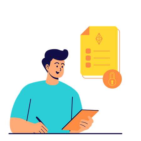 Man signing smart blockchain contract  Illustration