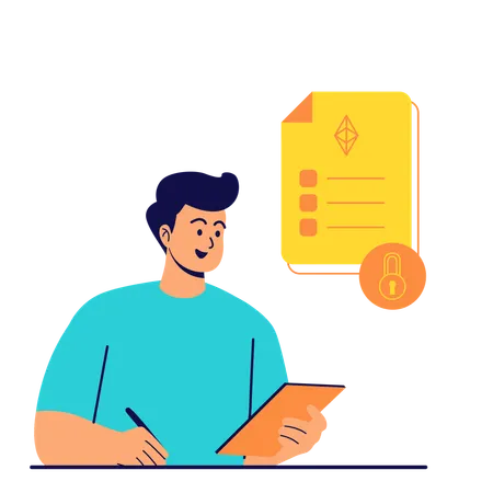 Man signing smart blockchain contract  Illustration
