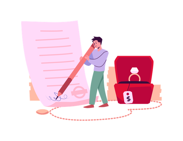 Man signs the document accepts buy or sell jewelry and get cash  Illustration