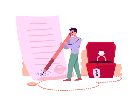 Man signs the document accepts buy or sell jewelry and get cash  Illustration
