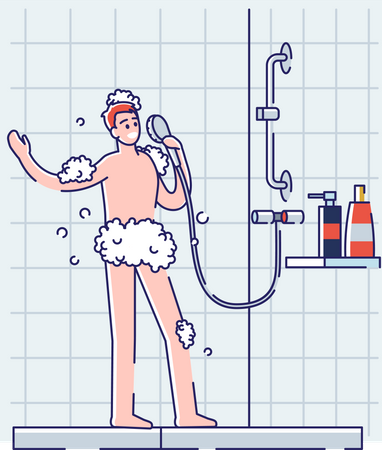 Man sing in shower white bathing in bathroom  Illustration