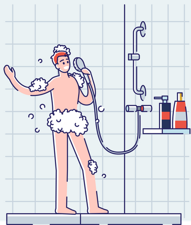 Man sing in shower white bathing in bathroom Illustration