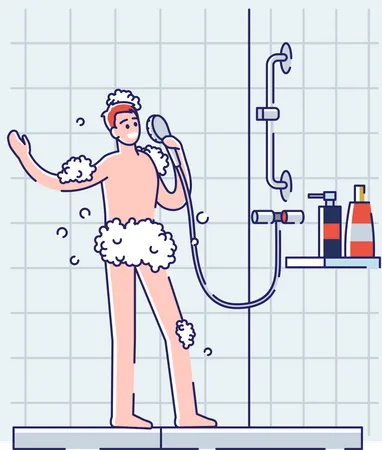 Man sing in shower white bathing in bathroom  Illustration