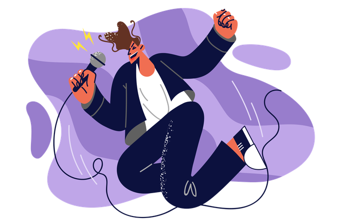 Man singer with microphone in hands jumps up speaking to audience on stage and enjoys singing  Illustration