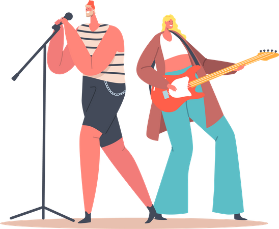 Man singing and woman playing guitar at a festival  Illustration