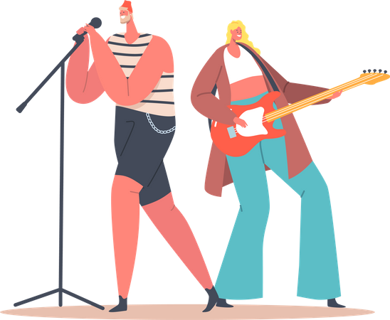 Man singing and woman playing guitar at a festival  Illustration