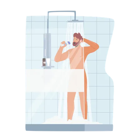 Man Singing In Shower Naked Happy Male Character Bathing Hygiene Washing Procedure Imagine Himself As Singer With Shampoo Bottle As Microphone Person Taking Shower Cartoon Vector Illustration 일러스트레이션