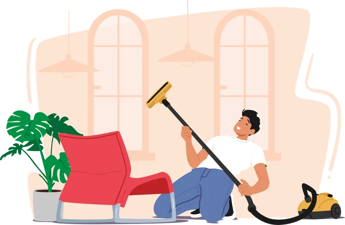 Man Enthusiastically Vacuums Rhythmically Swaying To Music Imagining Playing Guitar Vibrant Energy Fills The Room As He Seamlessly Blends Chores With Musical Reverie Cartoon Vector Illustration Illustration