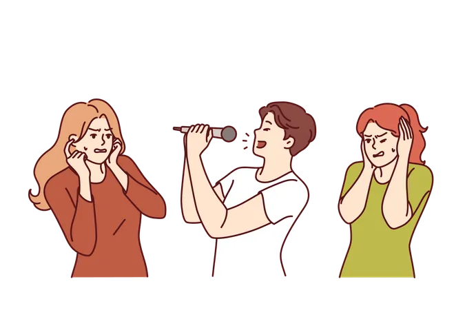 Man sings karaoke poorly due to lack of hearing or voice and forces women to cover ears  Illustration