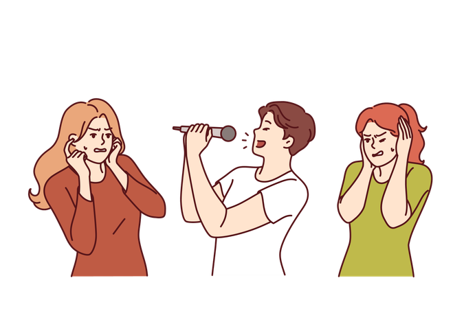 Man sings karaoke poorly due to lack of hearing or voice and forces women to cover ears  Illustration