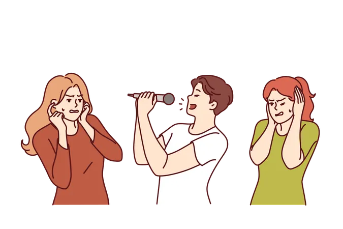 Man Sings Karaoke Poorly Due To Lack Of Hearing Or Voice And Forces Women To Cover Ears Singer Holds Microphone Enjoying Visit To Karaoke Club And Annoys People Experiencing Discomfort Illustration