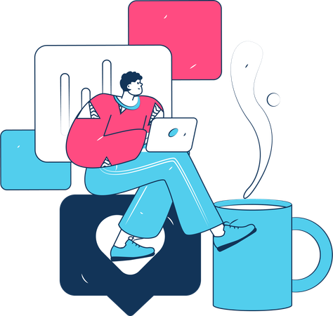 Man sipping coffee cup while working on laptop  Illustration