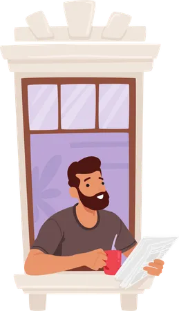 Man Sips Coffee Engrossed In His Newspaper Framed By The Window A Tranquil Morning Moment Captured With Bearded Male Character Enjoying Hot Drink And News Cartoon People Vector Illustration Illustration