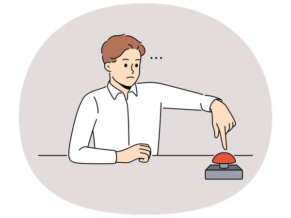 Man sit at table press red button  Illustration