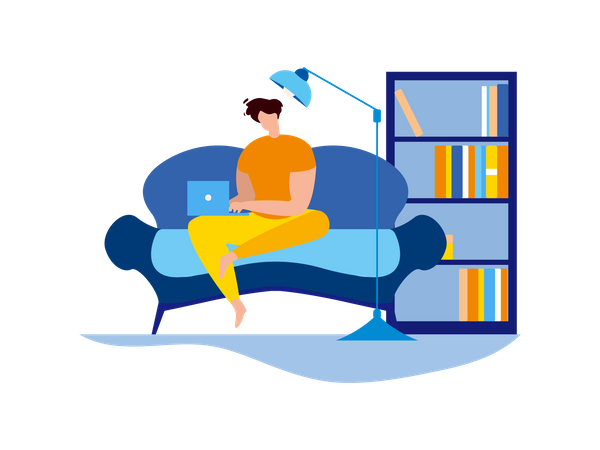 Man Sit Couch with laptop and book shelf at background Illustration