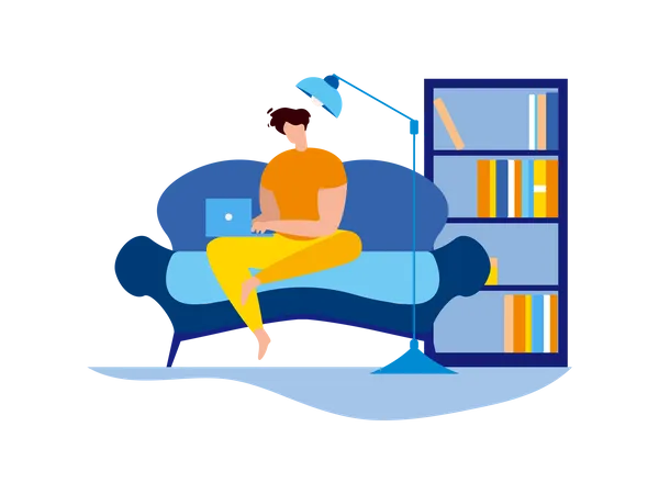 Man Sit Couch with laptop and book shelf at background Illustration